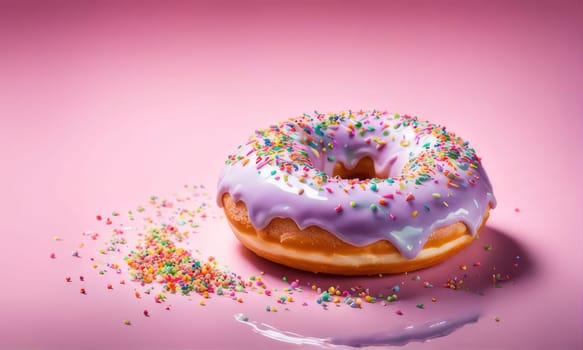 Colorful donut covered in sprinkles, set against vibrant pink background. For bakery website, dessert advertisements, cafe, restaurant menu, on food blog, social media, culinary book, magazine. banner