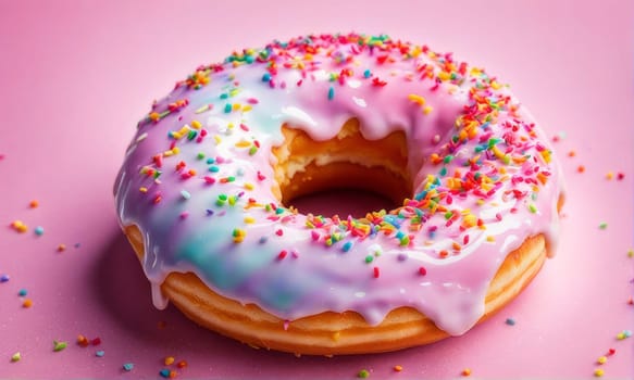 Appetizing donut adorned with variety of colorful sprinkles, on serene pink backdrop, enticing with its tempting appearance. For advertising campaigns, menus, social media platforms, culinary book
