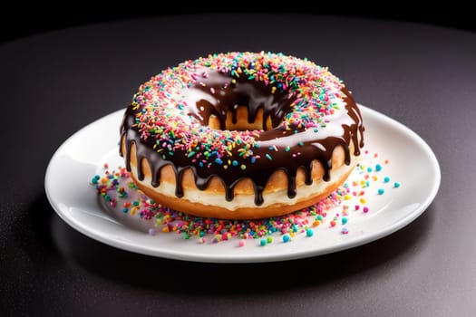 Delicious donut topped with rich chocolate glaze, colorful sprinkles on plate. For promote baked good, confectionery product, cafe, bakery, restaurant, create advertising, menu, banner, blogs
