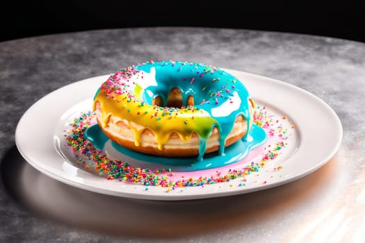 Delicious glazed donut topped with colorful sprinkles on white plate. For advertise cafe, bakery, confectionery, promote sweets, desserts on social network, on restaurant menu, on website, banner