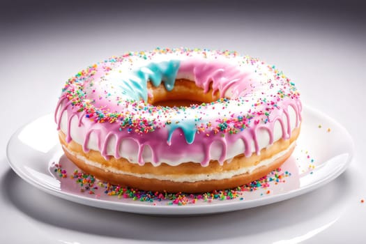 Freshly baked donut topped with generous amount of rainbow-colored sprinkles drizzled with rich sweet icing on pristine white plate. For culinary book, magazine, food blog, social media platforms