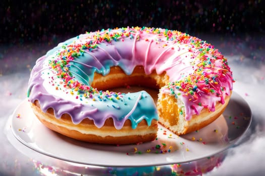 Mouthwatering donut with shiny glaze adorned with variety of vibrant sprinkles on pristine white ceramic plate.For advertise cafe, pastry shop, bakery, to promote sweets, baked goods on social network