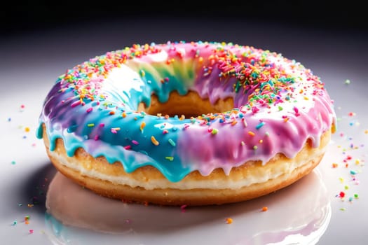Appetizing donut adorned with variety of colorful sprinkles, on serene pink backdrop, enticing with its tempting appearance. For advertising campaigns, menus, social media platforms, culinary book