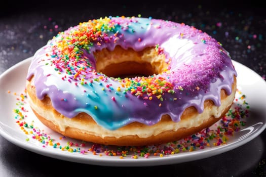 Freshly baked donut topped with generous amount of rainbow-colored sprinkles drizzled with rich sweet icing on pristine white plate. For culinary book, magazine, food blog, social media platforms