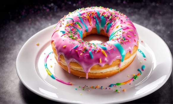 Mouthwatering donut with shiny glaze adorned with variety of vibrant sprinkles on pristine white ceramic plate.For advertise cafe, pastry shop, bakery, to promote sweets, baked goods on social network