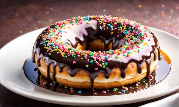 Delicious donut topped with rich chocolate glaze, colorful sprinkles on plate. For promote baked good, confectionery product, cafe, bakery, restaurant, create advertising, menu, banner, blogs