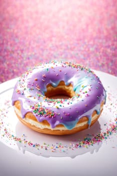 Freshly baked donut topped with generous amount of rainbow-colored sprinkles drizzled with rich sweet icing on pristine white plate. For culinary book, magazine, food blog, social media platforms