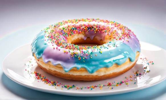 Freshly baked donut topped with generous amount of rainbow-colored sprinkles drizzled with rich sweet icing on pristine white plate. For culinary book, magazine, food blog, social media platforms