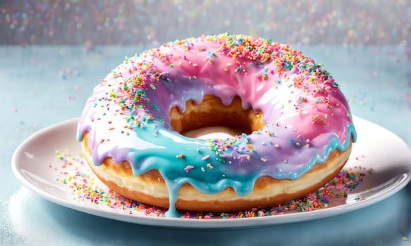 Mouthwatering donut with shiny glaze adorned with variety of vibrant sprinkles on pristine white ceramic plate.For advertise cafe, pastry shop, bakery, to promote sweets, baked goods on social network
