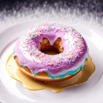 Freshly baked donut topped with generous amount of rainbow-colored sprinkles drizzled with rich sweet icing on pristine white plate. For culinary book, magazine, food blog, social media platforms