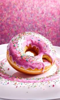 Delicious donut with colorful sprinkles sweet icing on plate. For promoting cafe, bakery, pastry shop, creating advertisements in food, gastronomy industry, culinary book, magazine, food blog, banner