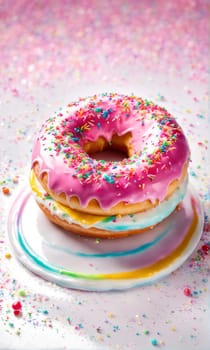 Delicious glazed donut topped with colorful sprinkles on white plate. For advertise cafe, bakery, confectionery, promote sweets, desserts on social network, on restaurant menu, on website, banner
