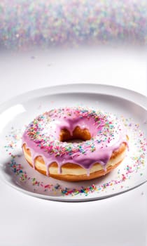 Freshly baked donut topped with generous amount of rainbow-colored sprinkles drizzled with rich sweet icing on pristine white plate. For culinary book, magazine, food blog, social media platforms