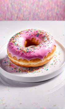 Delicious glazed donut topped with colorful sprinkles on white plate. For advertise cafe, bakery, confectionery, promote sweets, desserts on social network, on restaurant menu, on website, banner