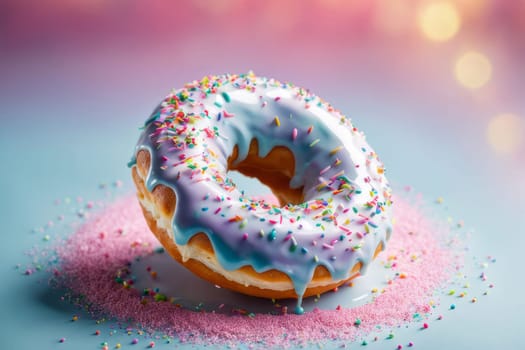 Colorful donut covered in sprinkles, set against vibrant pink background. For bakery website, dessert advertisements, cafe, restaurant menu, on food blog, social media, culinary book, magazine. banner