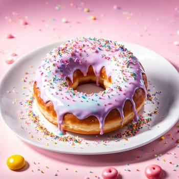 Mouthwatering donut with shiny glaze adorned with variety of vibrant sprinkles on pristine white ceramic plate.For advertise cafe, pastry shop, bakery, to promote sweets, baked goods on social network