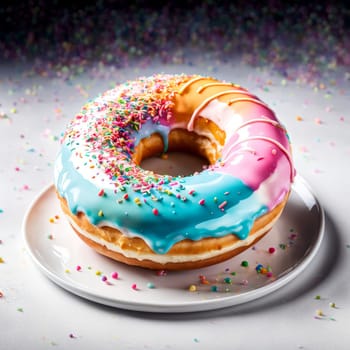 Freshly baked donut topped with generous amount of rainbow-colored sprinkles drizzled with rich sweet icing on pristine white plate. For culinary book, magazine, food blog, social media platforms