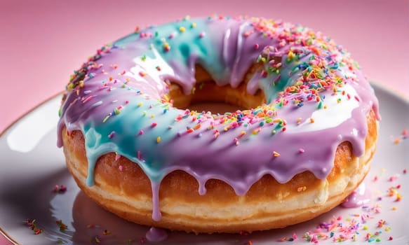 Delicious donut with colorful sprinkles sweet icing on plate. For promoting cafe, bakery, pastry shop, creating advertisements in food, gastronomy industry, culinary book, magazine, food blog, banner
