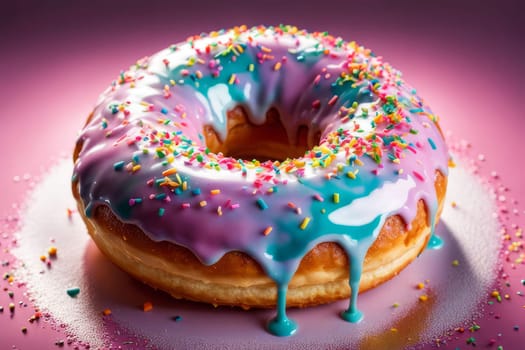 Colorful donut covered in sprinkles, set against vibrant pink background. For bakery website, dessert advertisements, cafe, restaurant menu, on food blog, social media, culinary book, magazine. banner