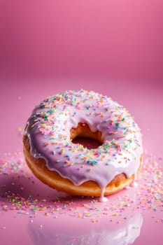 Delicious purple donut topped with colorful sprinkles on vibrant pink background. For advertise cafe, pastry shop, bakery, promote sweets, baked goods on social networks, on website, in menu, banner