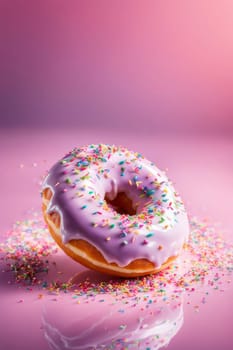 Appetizing donut adorned with variety of colorful sprinkles, on serene pink backdrop, enticing with its tempting appearance. For advertising campaigns, menus, social media platforms, culinary book