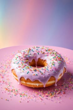 Colorful donut covered in sprinkles, set against vibrant pink background. For bakery website, dessert advertisements, cafe, restaurant menu, on food blog, social media, culinary book, magazine. banner