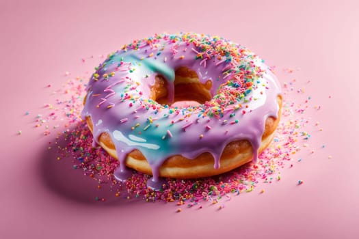 Appetizing donut adorned with variety of colorful sprinkles, on serene pink backdrop, enticing with its tempting appearance. For advertising campaigns, menus, social media platforms, culinary book