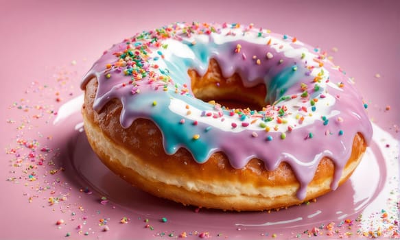 Appetizing donut adorned with variety of colorful sprinkles, on serene pink backdrop, enticing with its tempting appearance. For advertising campaigns, menus, social media platforms, culinary book