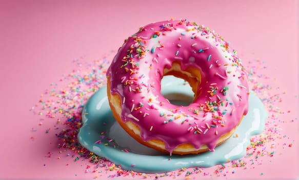 Colorful donut covered in sprinkles, set against vibrant pink background. For bakery website, dessert advertisements, cafe, restaurant menu, on food blog, social media, culinary book, magazine. banner