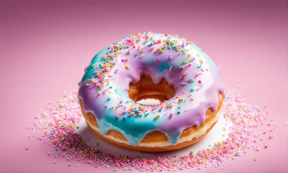Appetizing donut adorned with variety of colorful sprinkles, on serene pink backdrop, enticing with its tempting appearance. For advertising campaigns, menus, social media platforms, culinary book