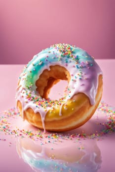 Appetizing donut adorned with variety of colorful sprinkles, on serene pink backdrop, enticing with its tempting appearance. For advertising campaigns, menus, social media platforms, culinary book