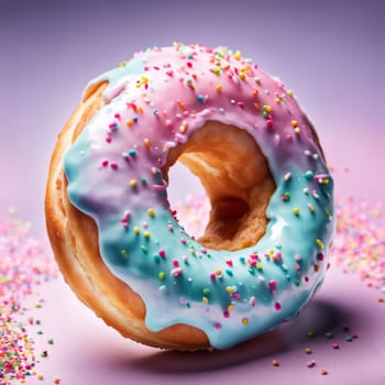 Appetizing donut adorned with variety of colorful sprinkles, on serene pink backdrop, enticing with its tempting appearance. For advertising campaigns, menus, social media platforms, culinary book