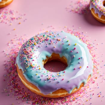Colorful donut covered in sprinkles, set against vibrant pink background. For bakery website, dessert advertisements, cafe, restaurant menu, on food blog, social media, culinary book, magazine. banner