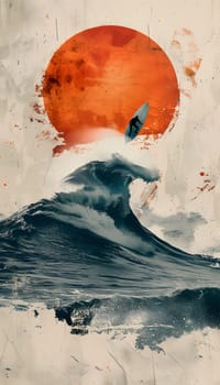 A painting of a figure surfing a wind wave with a red sun in the background, capturing the dynamic movement of liquid in the form of watercolor art