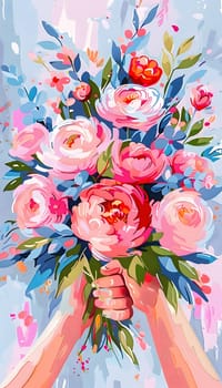 A painting depicting two hands delicately holding a bouquet of pink and blue flowers, showcasing the beauty of nature through art