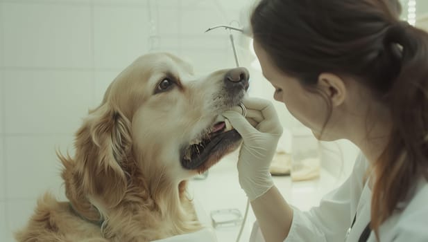 The veterinarian is inspecting the carnivores teeth of a dog, a loyal companion dog breed. The dog is sharing a gesture while the vet examines its snout