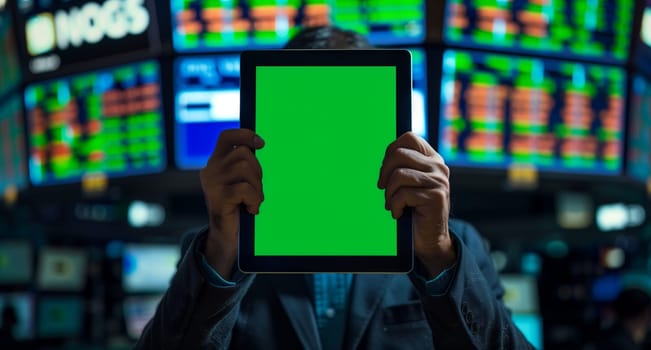 A man is gesturing with his finger on a tablets green screen, a fun electronic device for entertainment with games and modern technology font display