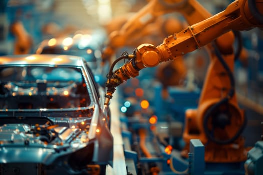 A robotic arm is installing automotive lighting on the hood of a motor vehicle in a factory. The electric blue glass drinkware is displayed in the city