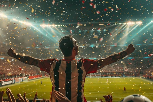 A player standing on the soccer field with arms raised, celebrating in front of a cheering crowd. The world is filled with light as fun and excitement fill the air during the competition event
