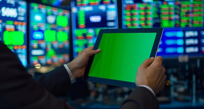A man is using an electronic device, a gadget with a green screen, making gestures with his finger. Its a display device for multimedia and recreation, showcasing fun technology