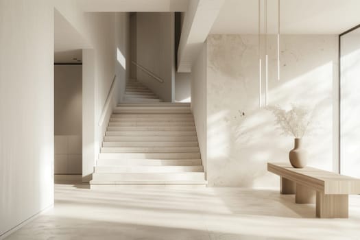 A hallway in a building with hardwood flooring, stairs, a handrail, and a vase on a bench. The wood stain adds a touch of elegance to the space