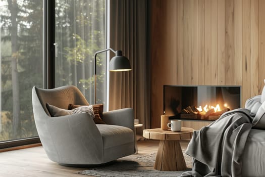 A cozy living room in a house with hardwood flooring, a fireplace, and a comfortable chair, creating a warm and inviting interior design