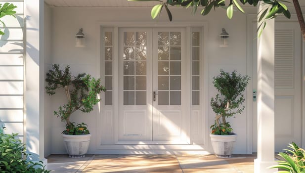 A white house with a wooden front door adorned with potted plants on the porch, creating a welcoming entrance