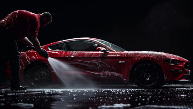 A man is using a hose to wash a red Mustang, a sleek vehicle with shiny automotive design. Water is dripping off the hood as he cleans the cars exterior