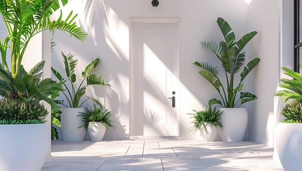 A wooden door surrounded by various potted plants, creating a charming entrance to the building with green grass and a tree nearby