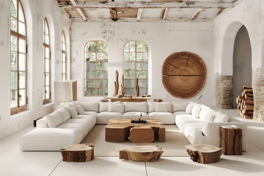 The living room in this building has numerous windows allowing natural light to fill the space. It is furnished with wooden furniture and a cozy couch, creating a warm and inviting atmosphere