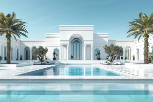 A stunning white building with a swimming pool in front of it, surrounded by palm trees and azure skies, offering a luxurious leisure experience for travelers