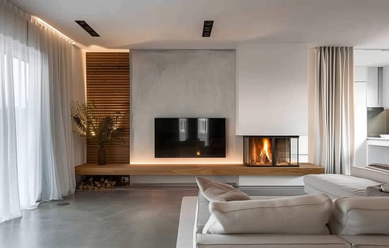A cozy living room in a building with hardwood flooring, a fireplace, couch, and television. The interior design features a ceiling fixture and curtains