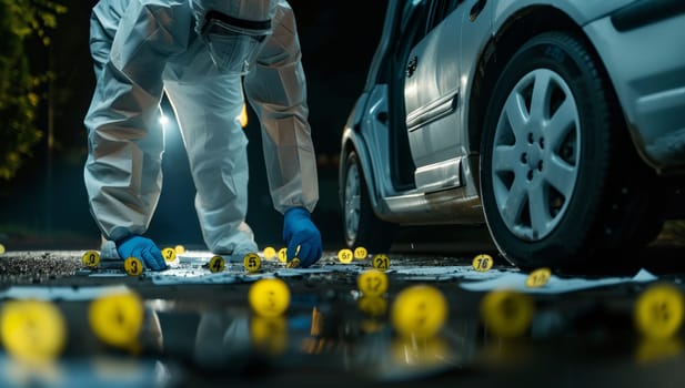A forensic scientist is analyzing a vehicle at a crime scene, inspecting the wheel, tire, automotive lighting, and alloy wheel for evidence on the asphalt