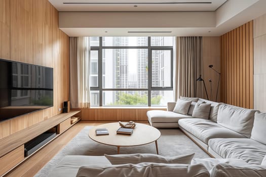 A cozy living room in a house with a couch, table, and television, showcasing a large window with a view. The interior design features wood flooring and furniture fixtures